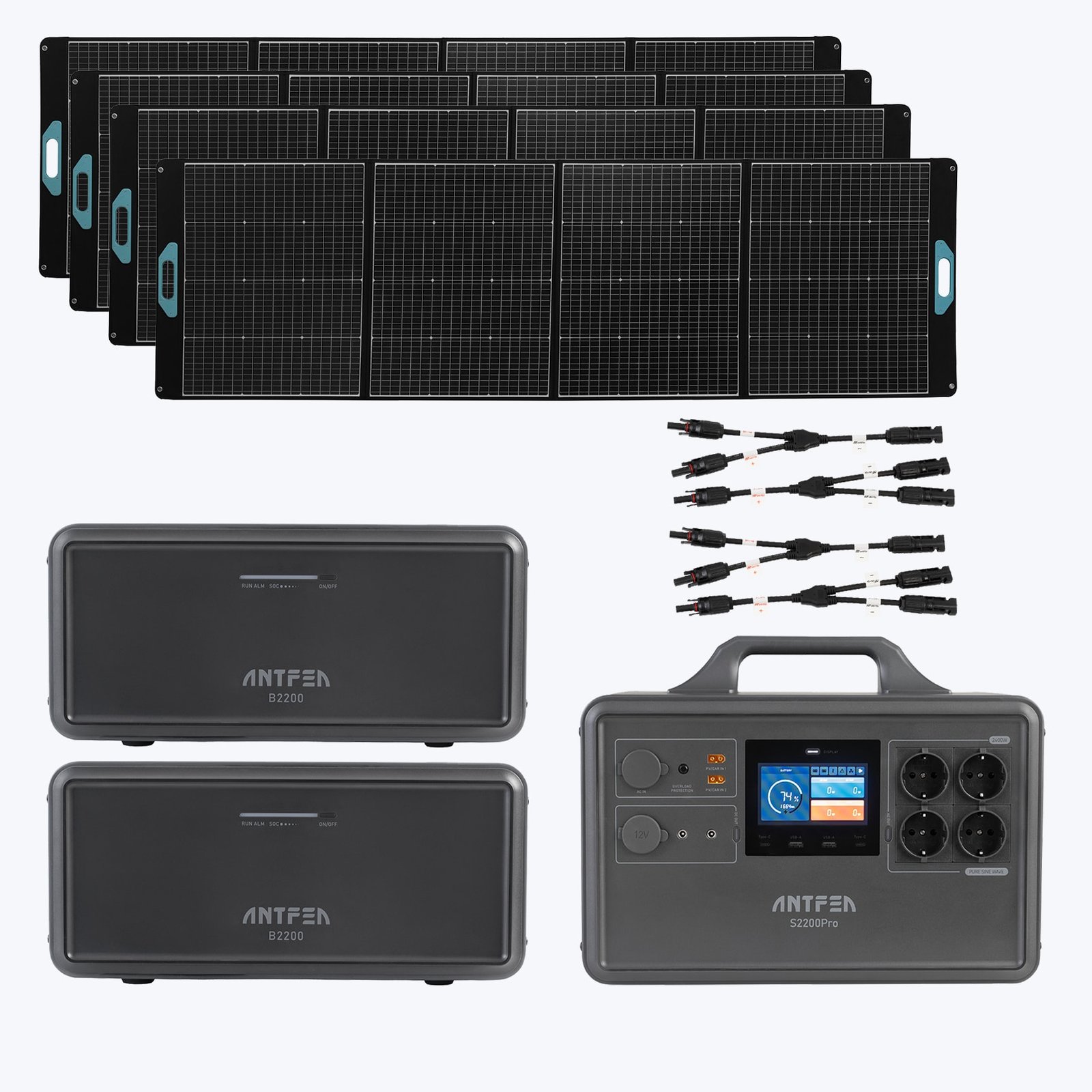ANTFEA S2200 Pro Taşınabilir Güç Kaynağı + 2 adet B2200 Backup Yedek Batarya + 4 adet 300W Taşınabilir Güneş Paneli + 2 adet Güneş Paneli Paralelleme Kablosu